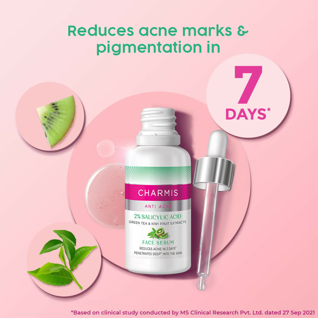 Charmis Anti Acne 2% Salicylic Acid Face Serum with Green Tea & Kiwi Extracts for Clear & Glowing Skin - Distacart