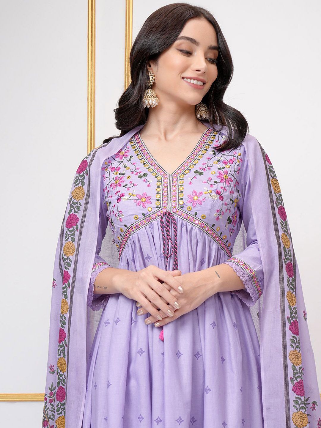 Vishudh Floral Printed Empire Thread Work Pure Cotton A-Line Kurta & Trouser With Dupatta - Distacart