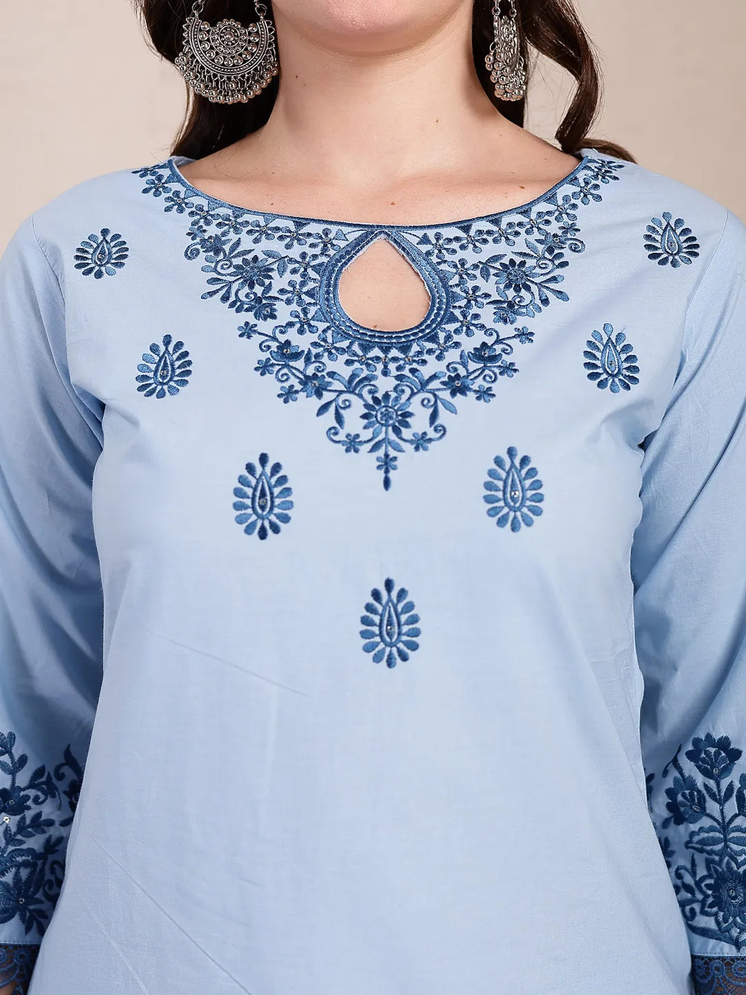 Yufta Sky Blue Solid Thread Work Straight Kurta Trouser Dupatta Set - Distacart