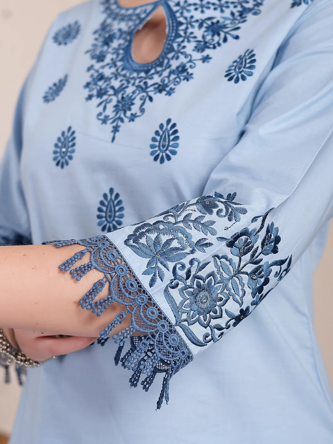 Yufta Sky Blue Solid Thread Work Straight Kurta Trouser Dupatta Set - Distacart