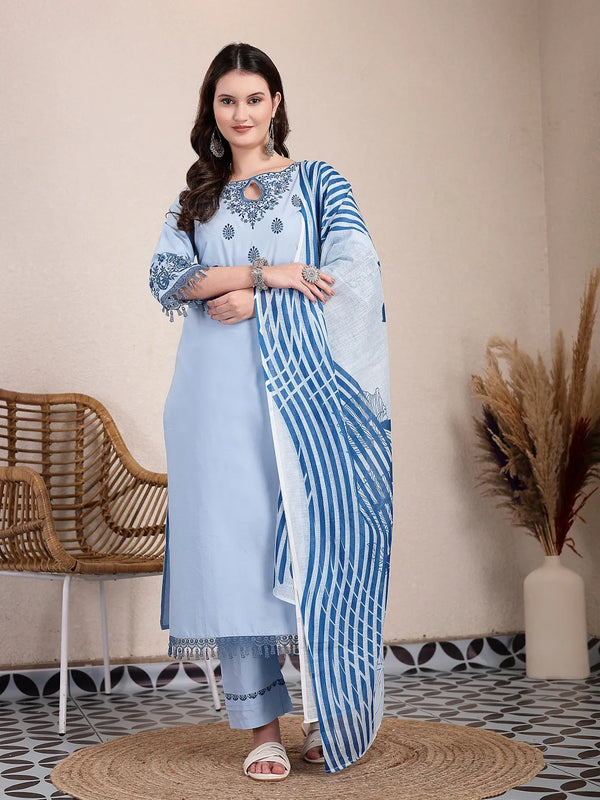Yufta Sky Blue Solid Thread Work Straight Kurta Trouser Dupatta Set - Distacart