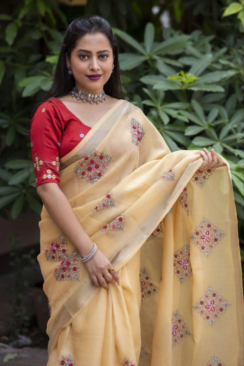Yellow Pure Linen Ethnic Motifs Saree with Unstitched Blouse - A2M