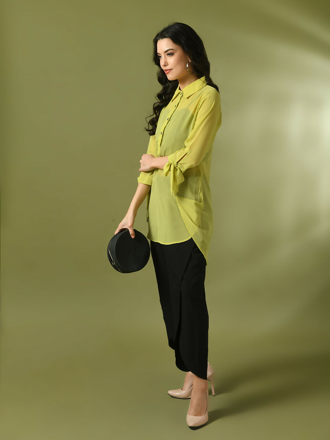 Myshka Women's Yellow Solid Georgette Longline Party Sheer Tunic - Distacart