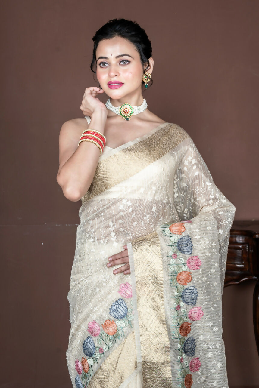 Morchari Beige Banarasi Tissue Computer Embroidery Saree Unstitched Blouse