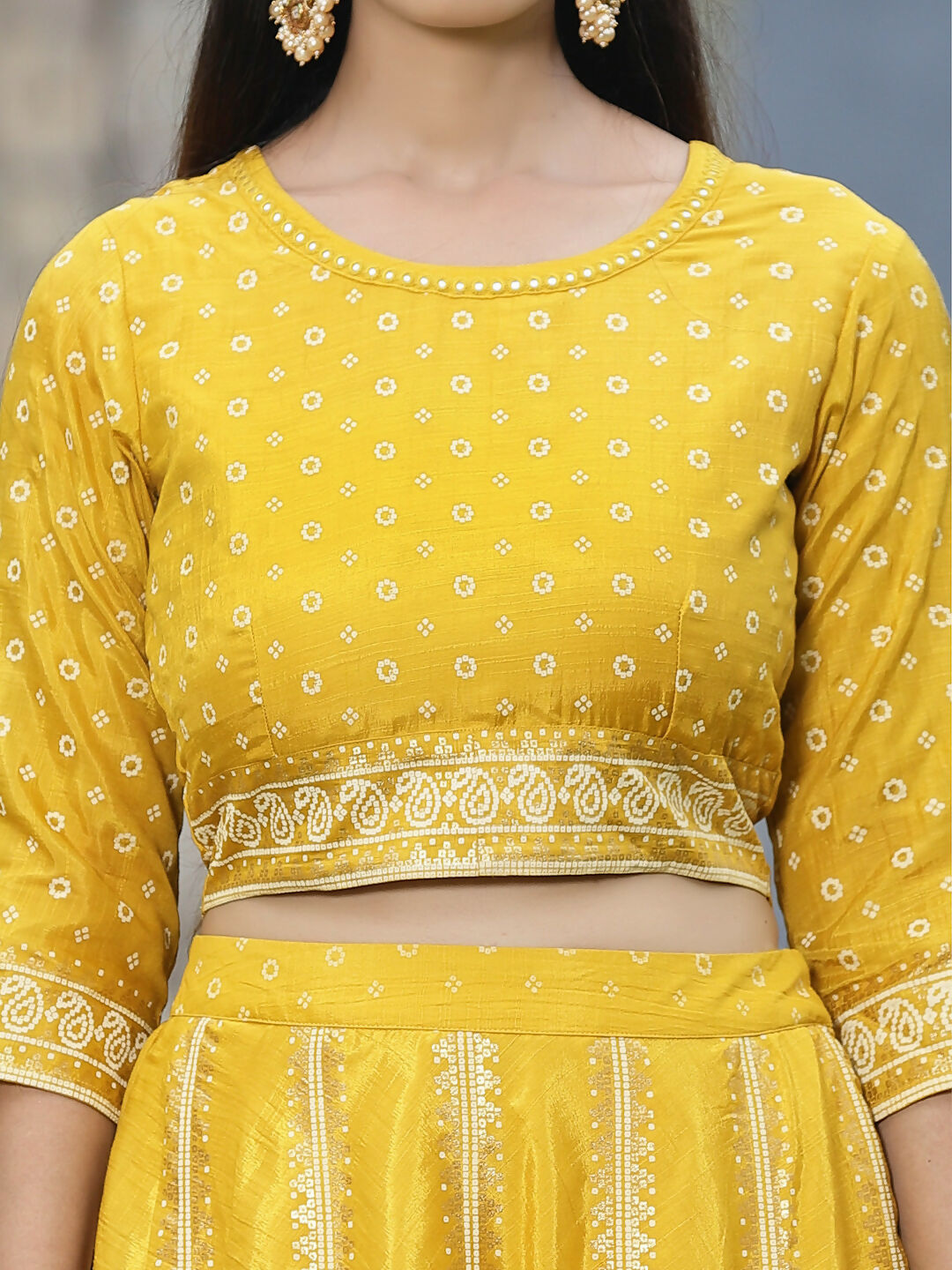 Juniper Mustard Bandhani Printed Shantoon Slub Lehenga Choli & Net Dupatta Set. - Distacart