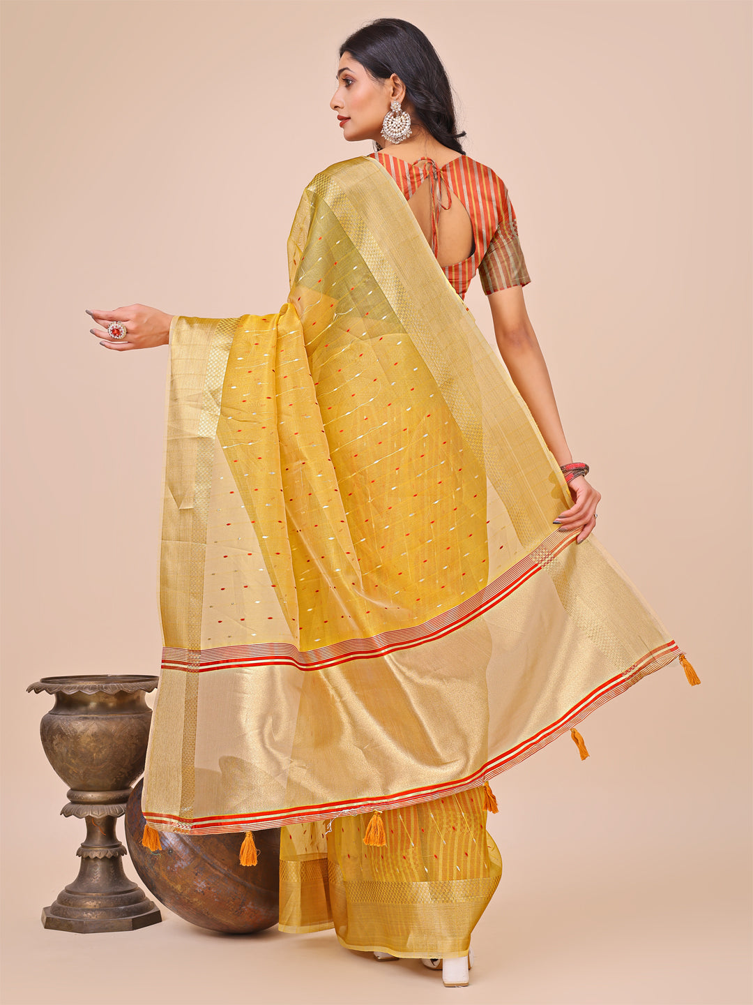 Aanika Women Yellow Organza Saree With UnStiched Blouse - Distacart