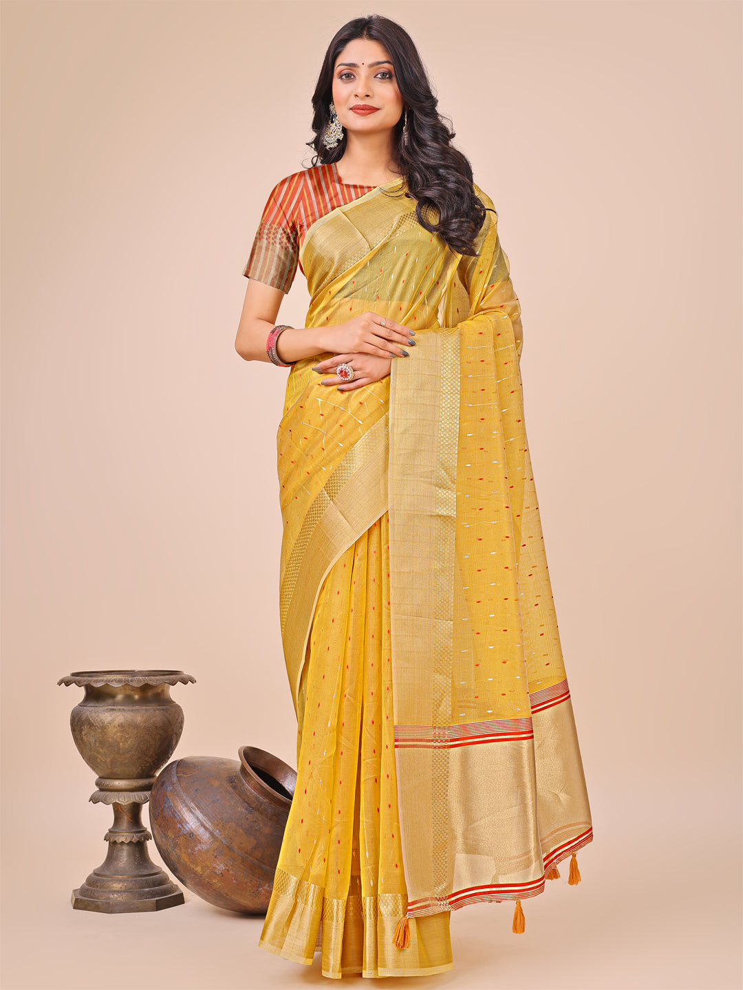 Aanika Women Yellow Organza Saree With UnStiched Blouse - Distacart