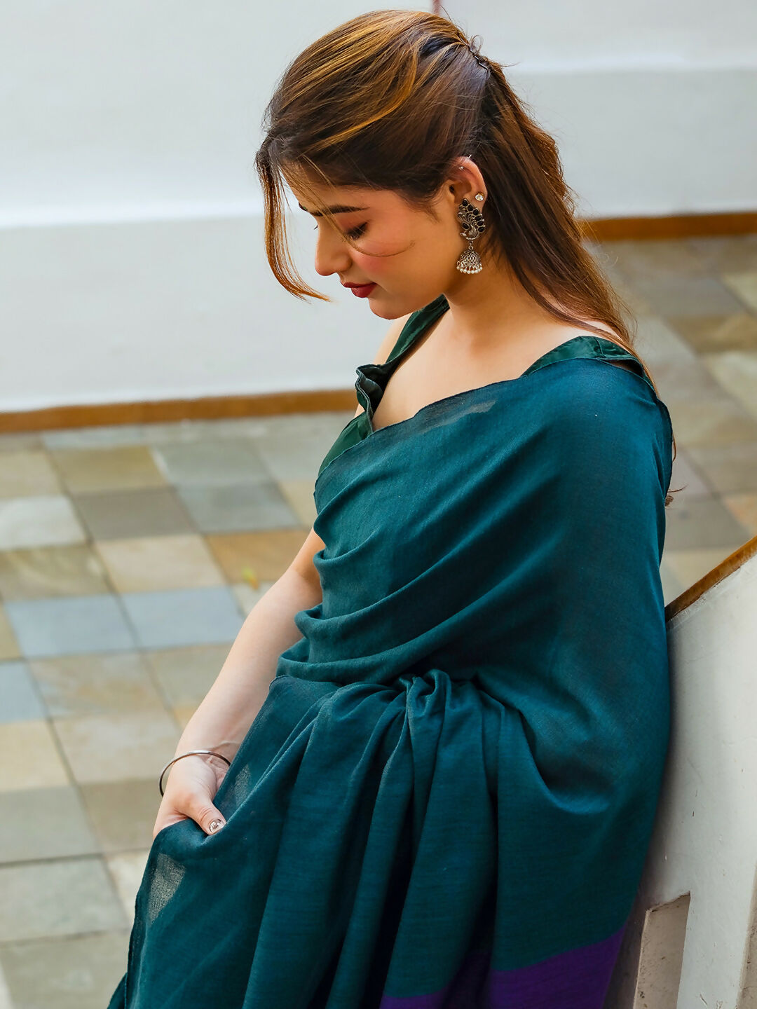 Zibaa Hand-Dyed Mul Cotton Peacock Green Saree with Tassels