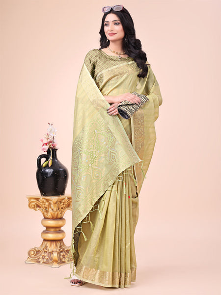 Aanika Women Olive Green Organza Saree With UnStiched Blouse - Distacart