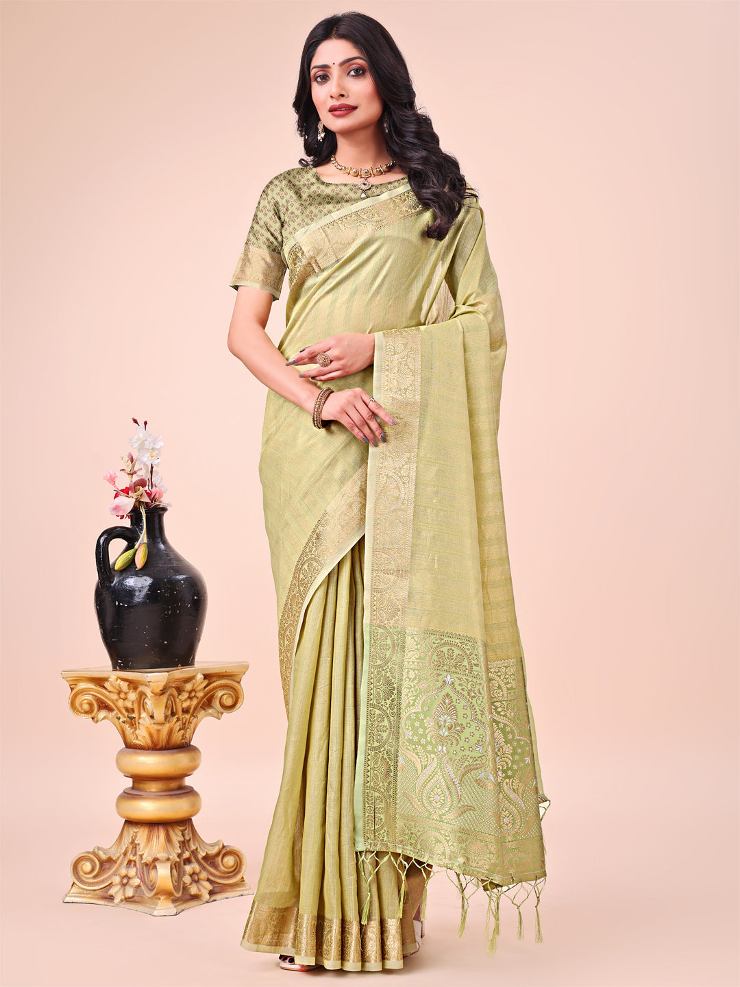 Aanika Women Olive Green Organza Saree With UnStiched Blouse - Distacart