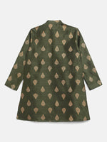 Thumbnail for Ahalyaa Green Poly Silk Gold Print Kids Kurta Churidar Set For Boys - Distacart