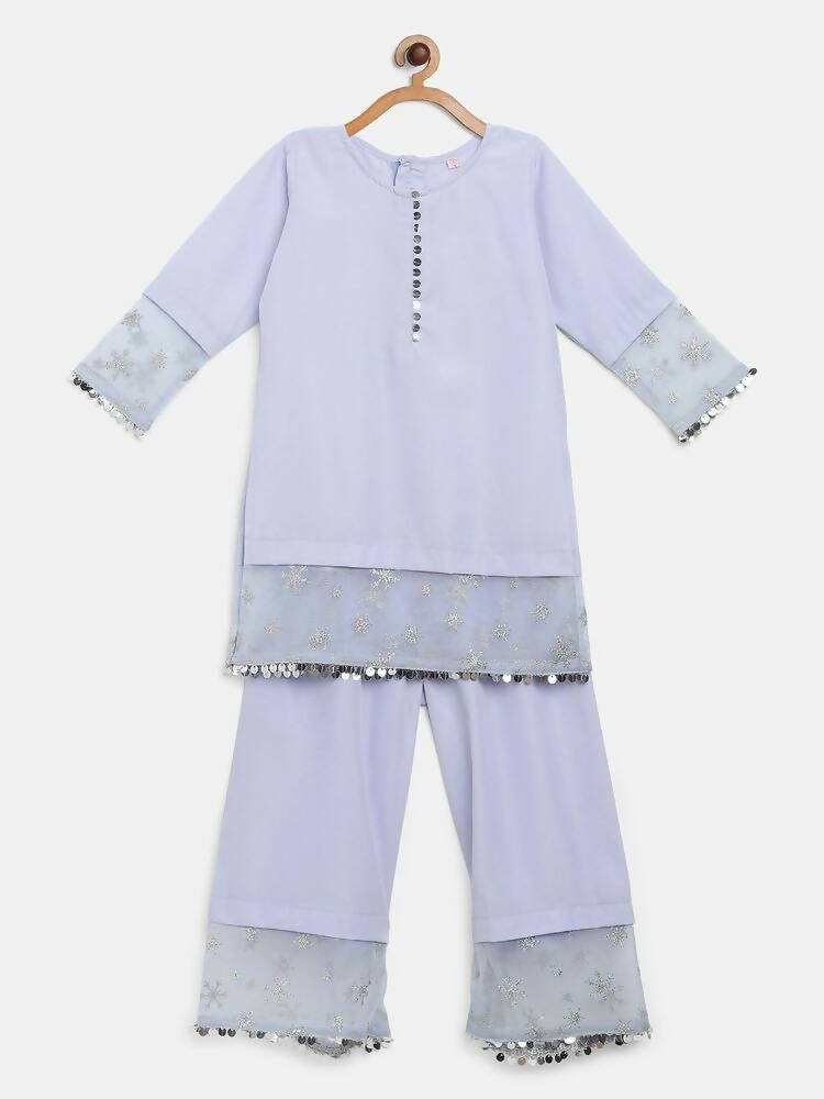 Ahalyaa Blue Crepe Silver Glitter Print Kids Kurta Palazzo Set With Dupatta For Girls - Distacart