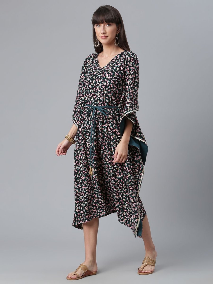 Ahalyaa Crepe Black Digital & Foil Floral Printed Kaftan