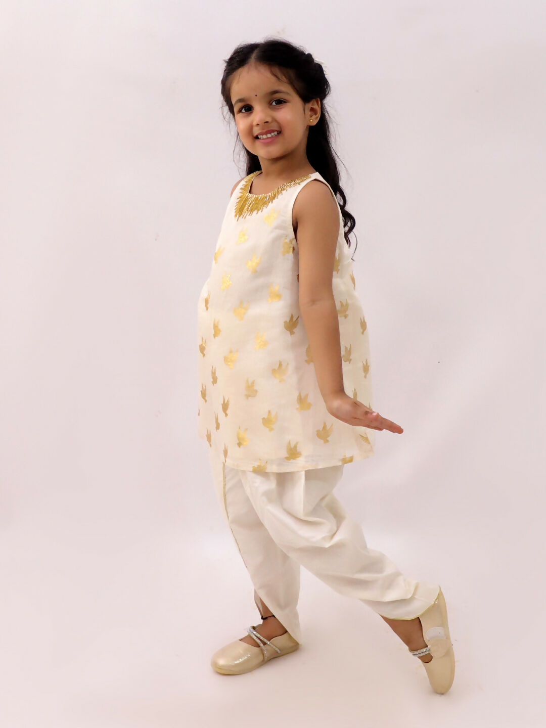 Lil Drama Mishti Off White Kurta and Dhoti Set For Girls