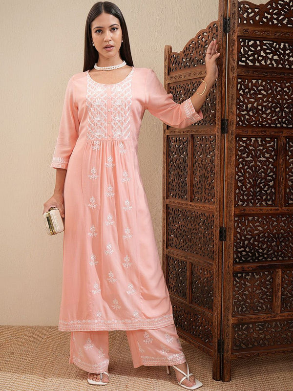 Vishudh Peach-Coloured Floral Embroidered Thread Work Straight Kurta With Palazzos - Distacart