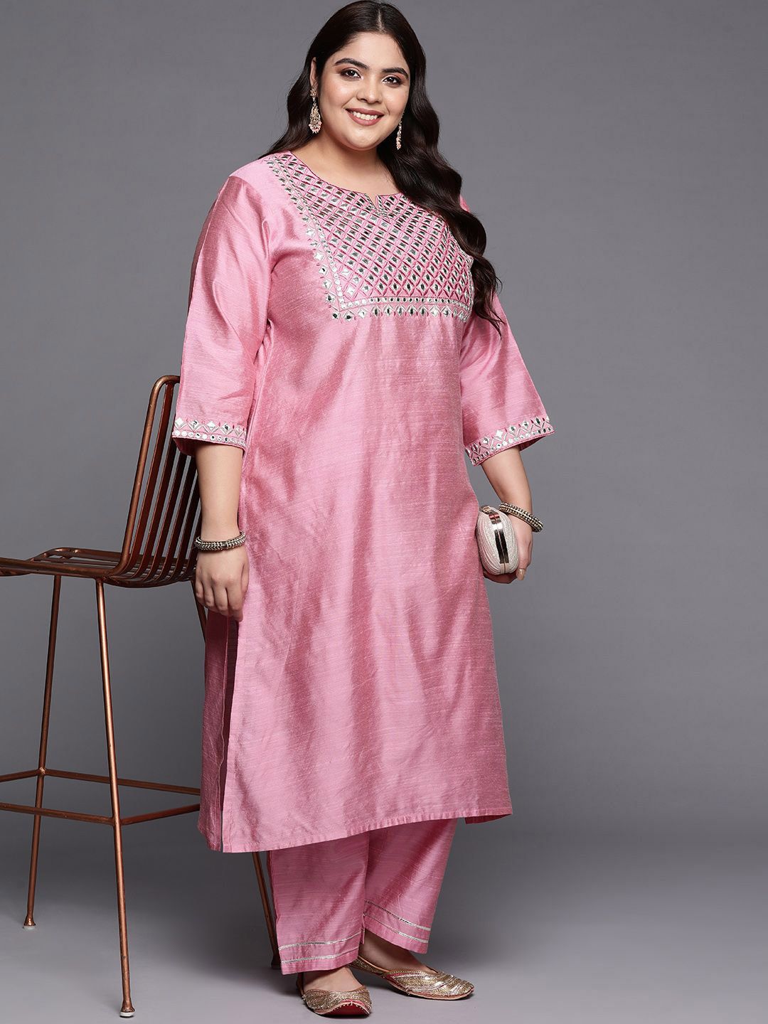 Sztori Plus Size Geometric Embroidered Mirror Work Straight Kurta with Trousers - Distacart