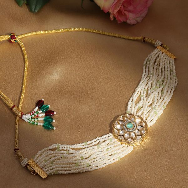 Pearl and Kundan Choker with Intricate Flower Design (White) - Ruby Raang - Distacart
