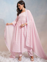 Thumbnail for Vishudh Pink Ethnic Motifs Printed Pure Cotton Anarkali Kurta With Trousers & Dupatta - Distacart