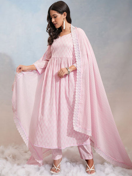 Vishudh Pink Ethnic Motifs Printed Pure Cotton Anarkali Kurta With Trousers & Dupatta - Distacart