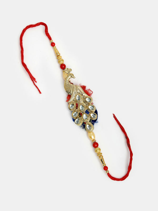 NVR Women & Men Set of 2 Gold-Toned Peacock Design Stone-Studded Bhaiya Bhabhi Rakhi With Roli Chawal - Distacart