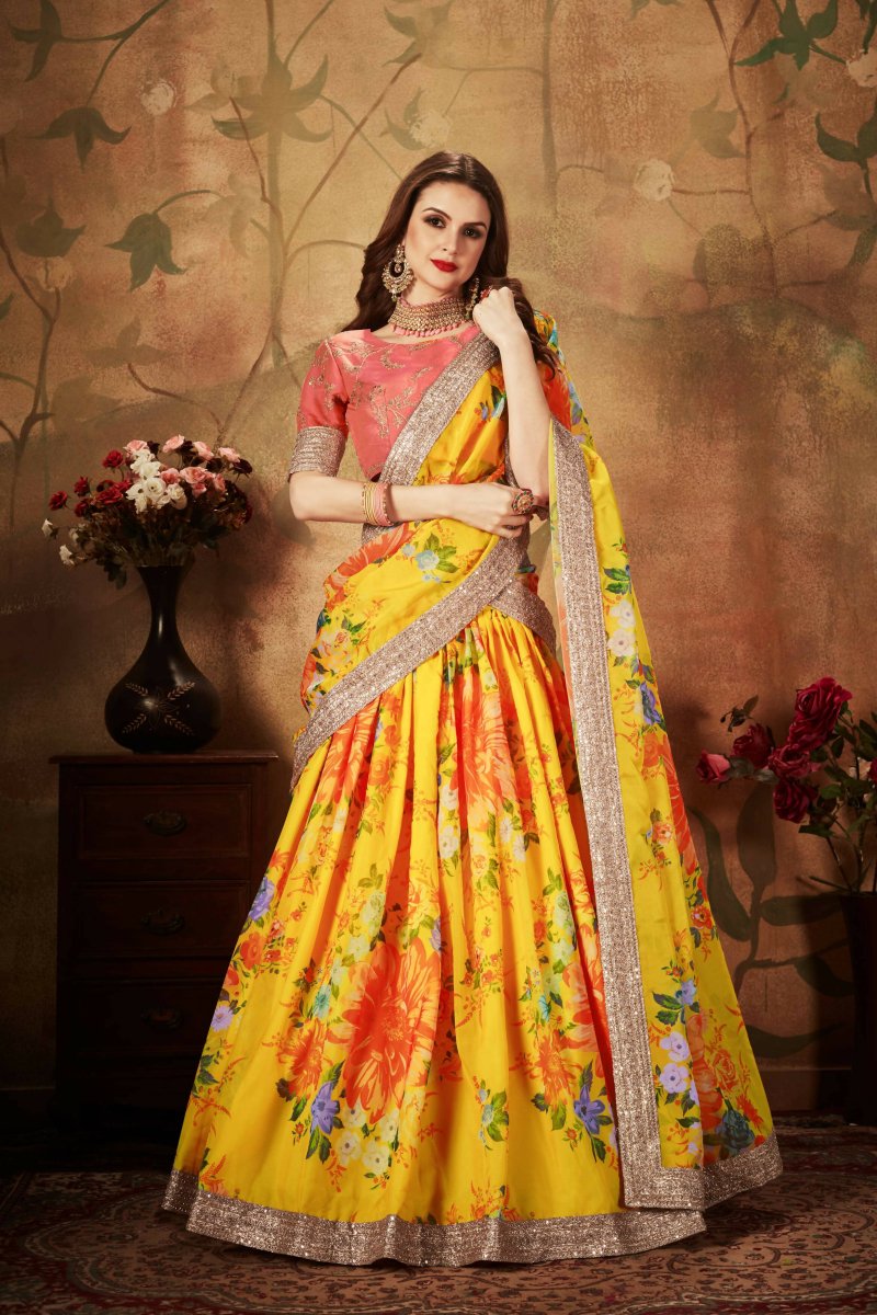 Aastha Fashion Women's Yellow Digital Printed Organza Silk Wedding Lehenga Choli With Orange Blouse - Distacart