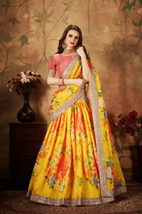 Thumbnail for Aastha Fashion Women's Yellow Digital Printed Organza Silk Wedding Lehenga Choli With Orange Blouse - Distacart