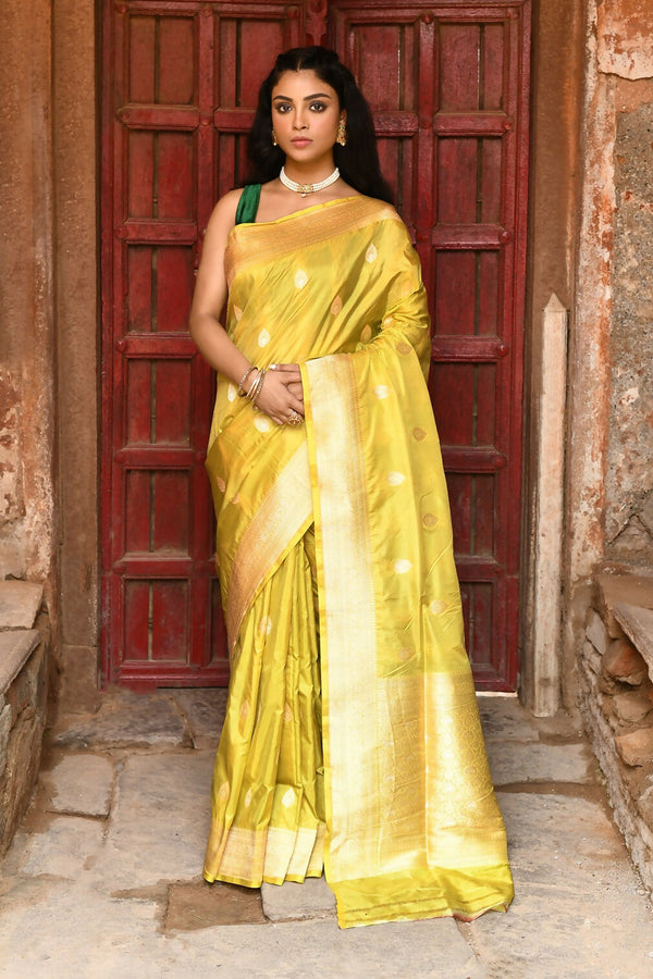 Joban Fashion Yellow Pure Katan Pure Handloom Banarasi Silk Saree