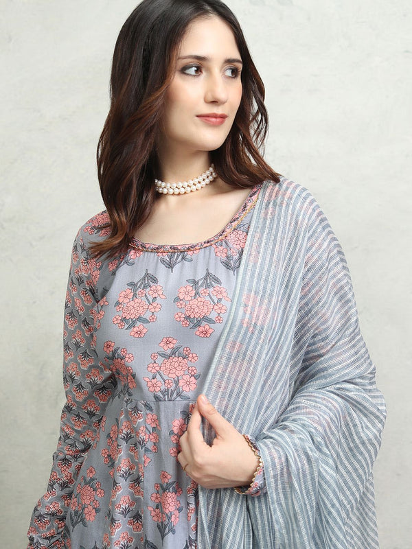 Vishudh Women Floral Printed Regular Pure Cotton Kurta with Trousers & With Dupatta - Distacart