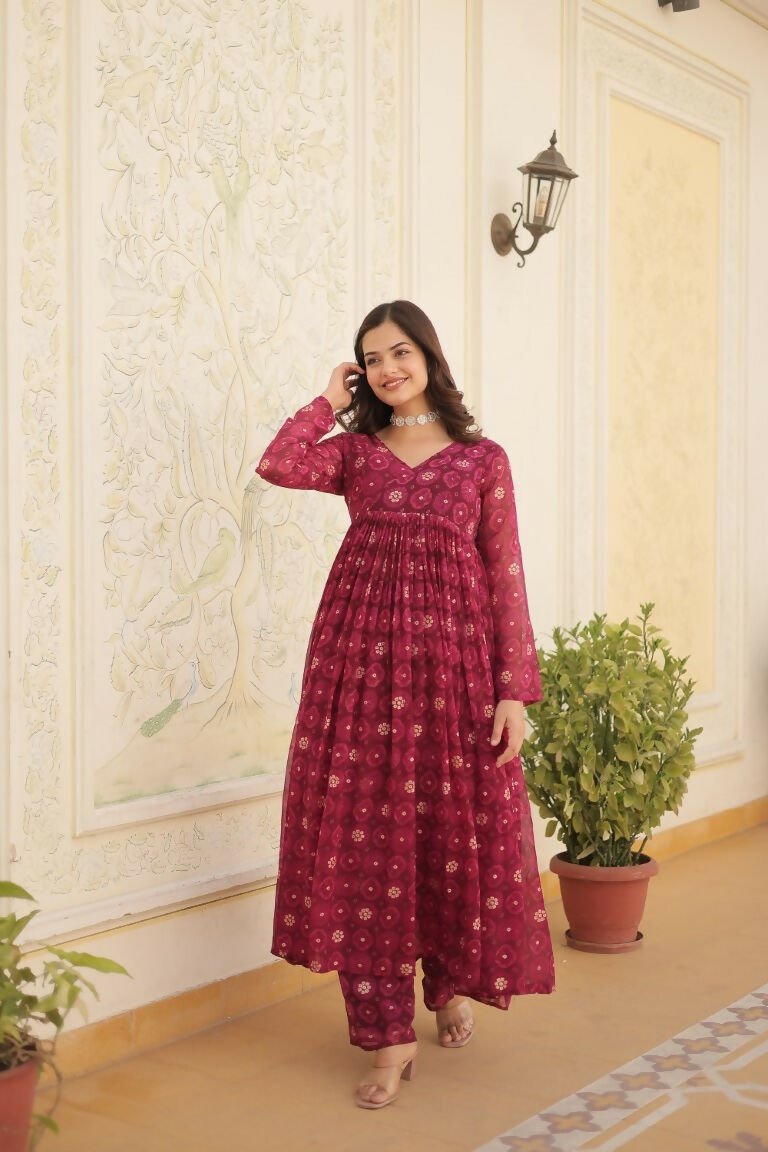 Aastha Fashion Magenta Faux Georgette Printed Gown With Pant