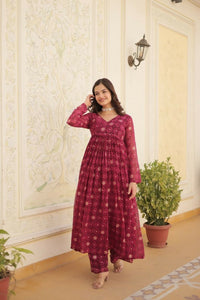 Thumbnail for Aastha Fashion Magenta Faux Georgette Printed Gown With Pant