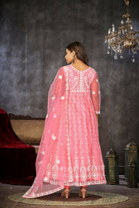 Thumbnail for Jyoti Fashion Women's Baby Pink Net Embroidered Anarkali Kurta Pant Set With Dupatta