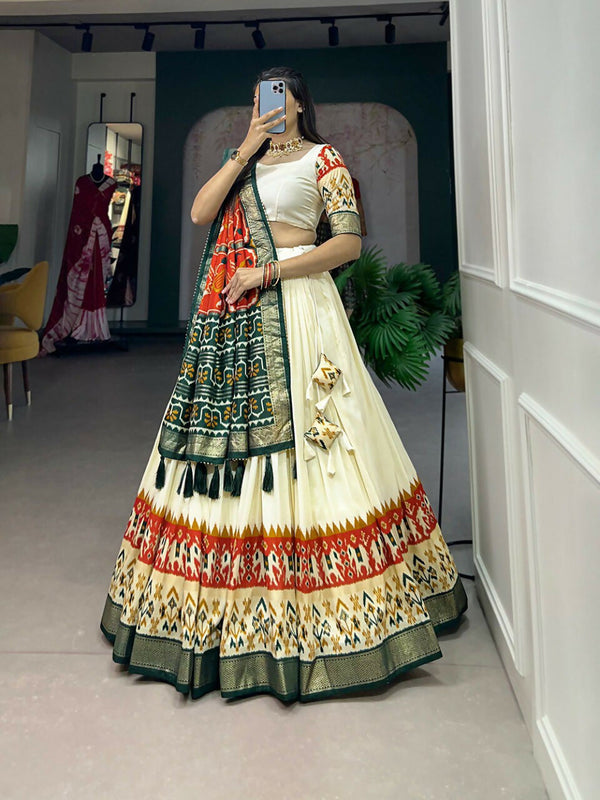 Vastranavya Ethnic Wardrobe with Our Stunning Patola Printed and Foil Work Tussar Silk Lehenga with Unstitched Choli - Off White - Distacart