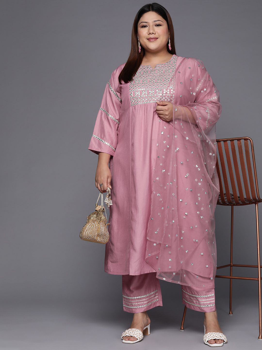 Sztori Plus Size Ethnic Motifs Embroidered Mirror Work Straight Kurta & Trousers & Dupatta - Distacart