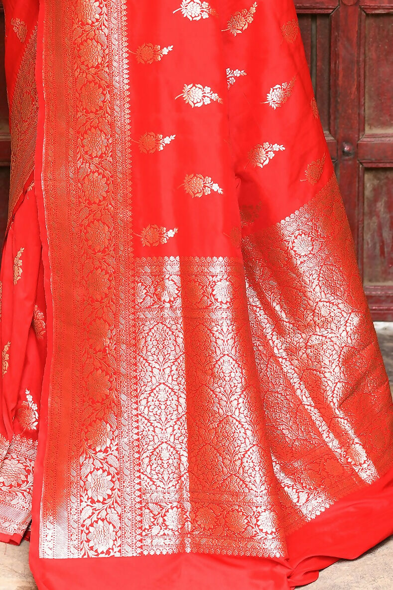 Joban Fashion Red Handwoven & Zari Work Soft Pure Handloom Banarasi Silk Saree