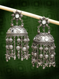 Thumbnail for NVR Women's Silver Plated Mirror Work Oxidised Contemporary Jhumka Earrings - Distacart