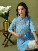 Thumbnail for Myshka Women's Blue Embellished Cotton Gathered Party Empire Top - Distacart