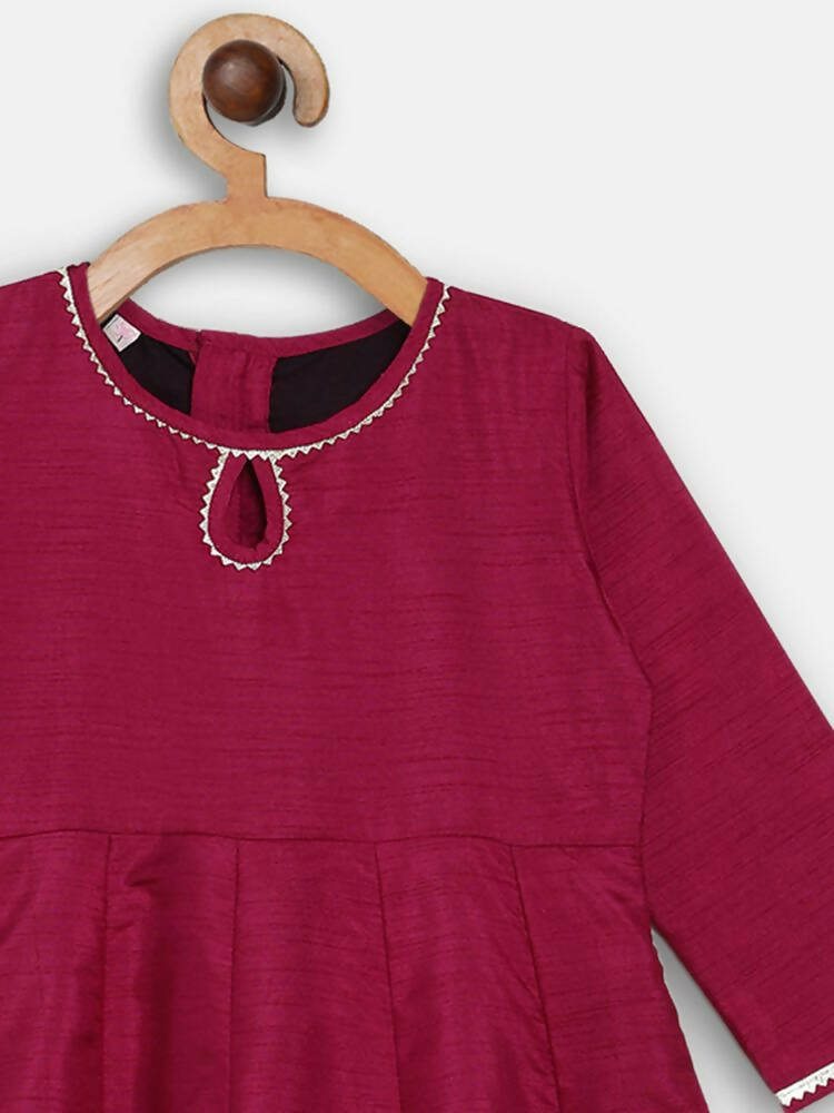 Ahalyaa Wine Poly Silk Curved Kids Kurta Palazzo Set With Bottom For Girls - Distacart