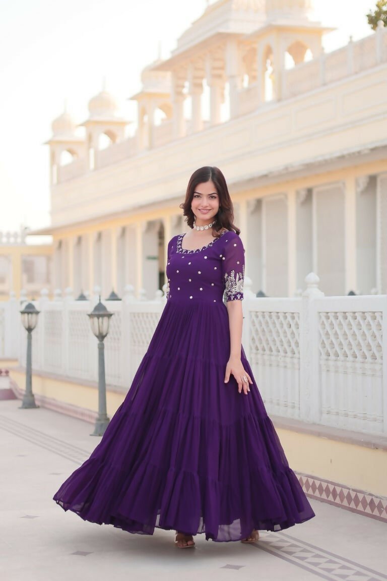 Aastha Fashion Women's Purple Faux Blooming Embroidery Zari Sequins-work Gown