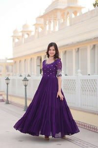 Thumbnail for Aastha Fashion Women's Purple Faux Blooming Embroidery Zari Sequins-work Gown