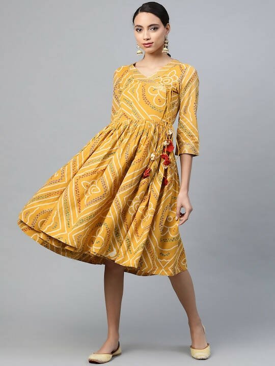 Anubhutee Mustard Yellow & White Bandhani Cotton Angrakha A-Line Dress - Distacart