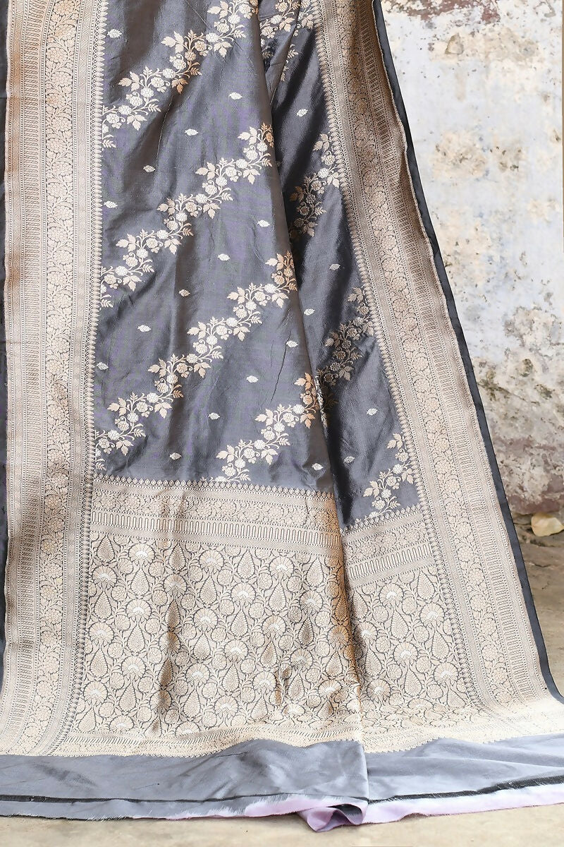 Joban Fashion Silver Grey Pure Katan Pure Handloom Banarasi Silk Saree