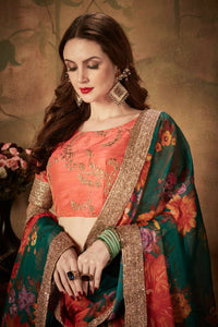 Thumbnail for Aastha Fashion Women's Refreshing Dark Green Floral Print Organza Silk Wedding Lehenga Choli With Orange Blouse - Distacart