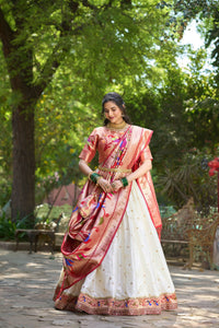 Thumbnail for Vastranavya Perfect Classic And Contemporary Fashion Paithani Lehenga Choli - White
