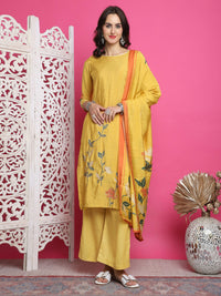 Thumbnail for Jyoti Fashion Women's Yellow Muslin Floral Print with Jari & Crystal work Kurta with Trouser & Dupatta
