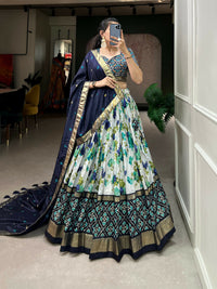 Thumbnail for Vastranavya Exquisite Tussar Silk Lehenga Set With Perfect Floral And Patola Print Design Lehenga Choli - Navy Blue
