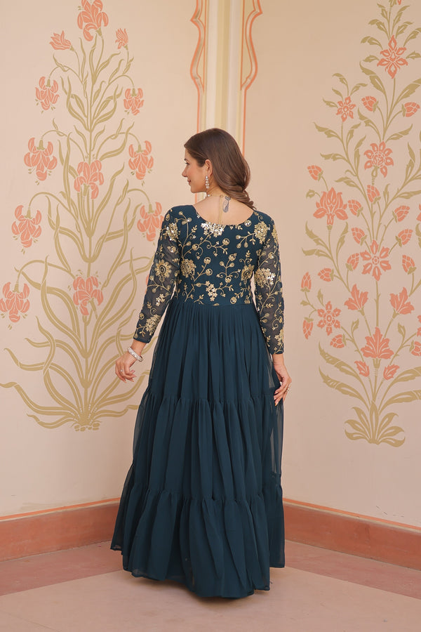 Evanik Teal Faux Blooming With Sequins & Zari Embroidered work Gown