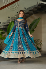 Thumbnail for Evanik Teal Faux Georgette With Zari & Sequins Embroidered work Wedding Gown