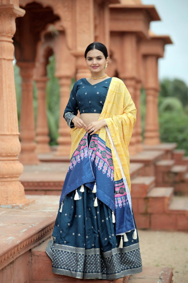 Vastranavya Navaratri Collection Myra Silk Lehenga & Blouse With Maslin Crochet Printed Dupatta Set - Turquoise - Distacart