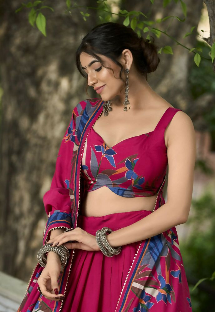Vastranavya Polyester Viscose Chanderi Lehenga Choli With Intricate Print And Dupatta - Pink - Distacart