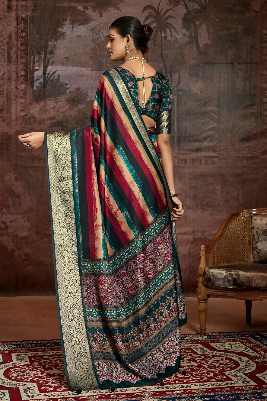 Joban Fashion Multicolor Art Silk With Fine Viscose Border Ajrak Full Body Print With Soft Finish Saree